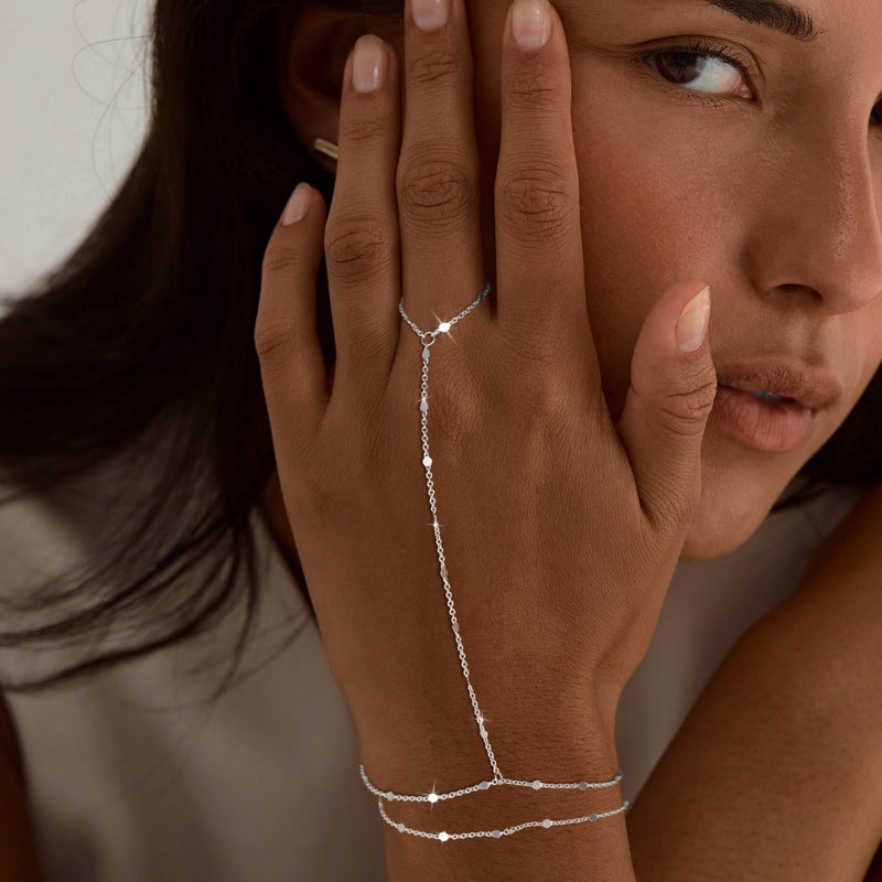 Moodear Cute Bracelet Layered Hand Link Chain for Women - Adjustable Trendy Sterling Silver Dot Ring Chain Bracelets Non Tarnish Jewelry Gift - Image 2