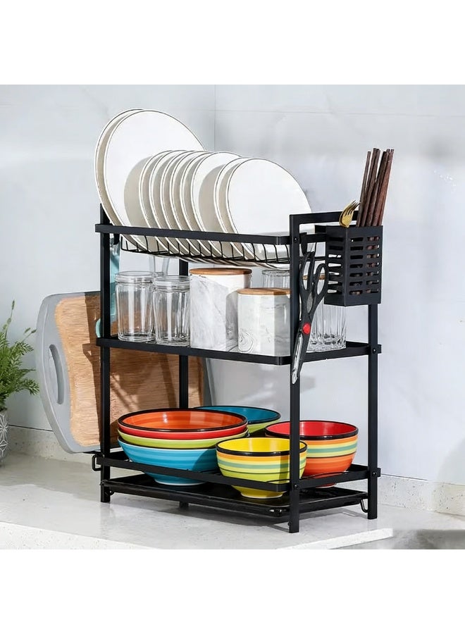 EXCLIFE Kitchen dish rack, three-tier dish and chopstick storage rack, tableware holder, drain basket, sink dish rack 52.5cm*41cm*25cm (black) - Image 4