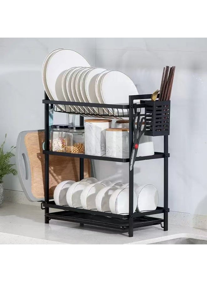 EXCLIFE Kitchen dish rack, three-tier dish and chopstick storage rack, tableware holder, drain basket, sink dish rack 52.5cm*41cm*25cm (black) - Image 1