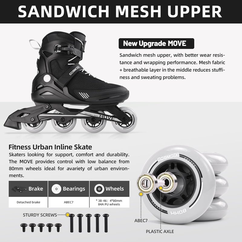 COSMOID Move Professional Inline Skates for Men and Women - Black, Size 5-12 - Image 5