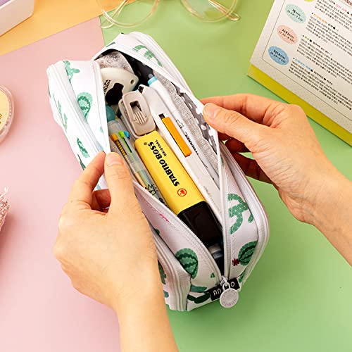 MAMUNU Big Capacity Pencil Pen Case, 3 Compartments Large Storage Canvas Pencil Pouch with Zipper, Green Cactus Design Aesthetic Pencil Pouch For Office School - Image 5