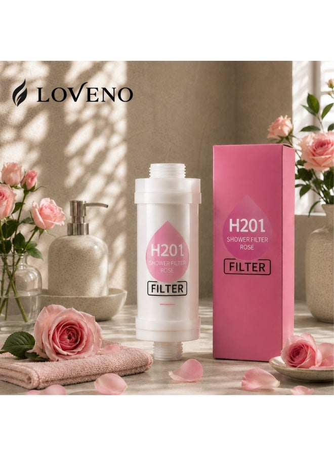 Loveno Shower Filter with a rose scent and Vitamin C, featuring a multi-layer filtration system for water purification. Helps reduce impurities, chlorine residue, and fluoride, and is equipped with filtration beads to help relieve dry skin and hair. Designed for quick and easy installation - Image 1