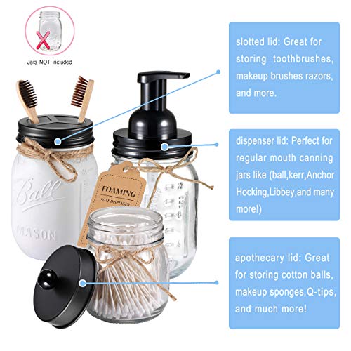 Komashr Mason Jar Bathroom Accessories Set(4pcs)- Jars Not Included - Foaming Soap Dispenser,Toothbrush Holder, and Apothecary Storage Jars Lids -Rustic Farmhouse Decor,Black - Image 2