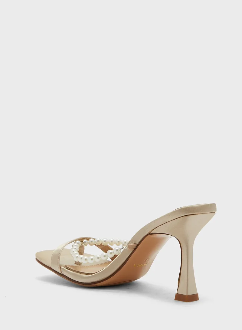 Namshi x Pearl Detail Satin Mule Sandal