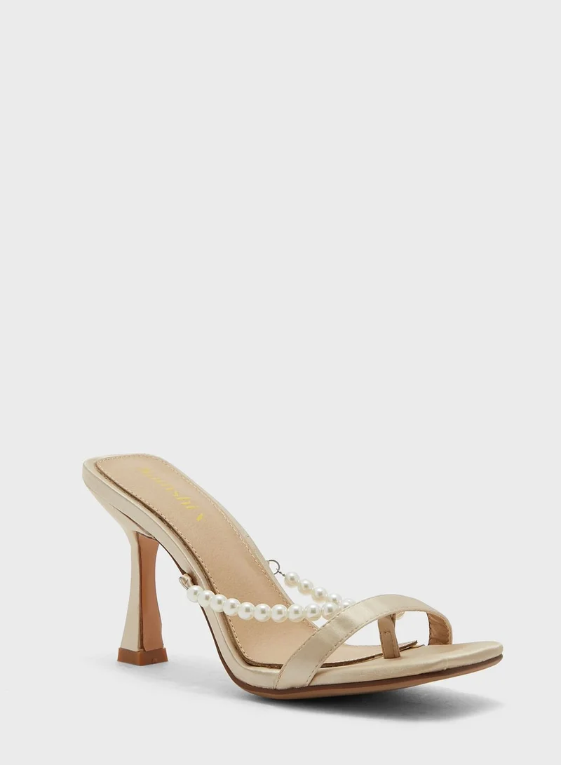 Namshi x Pearl Detail Satin Mule Sandal