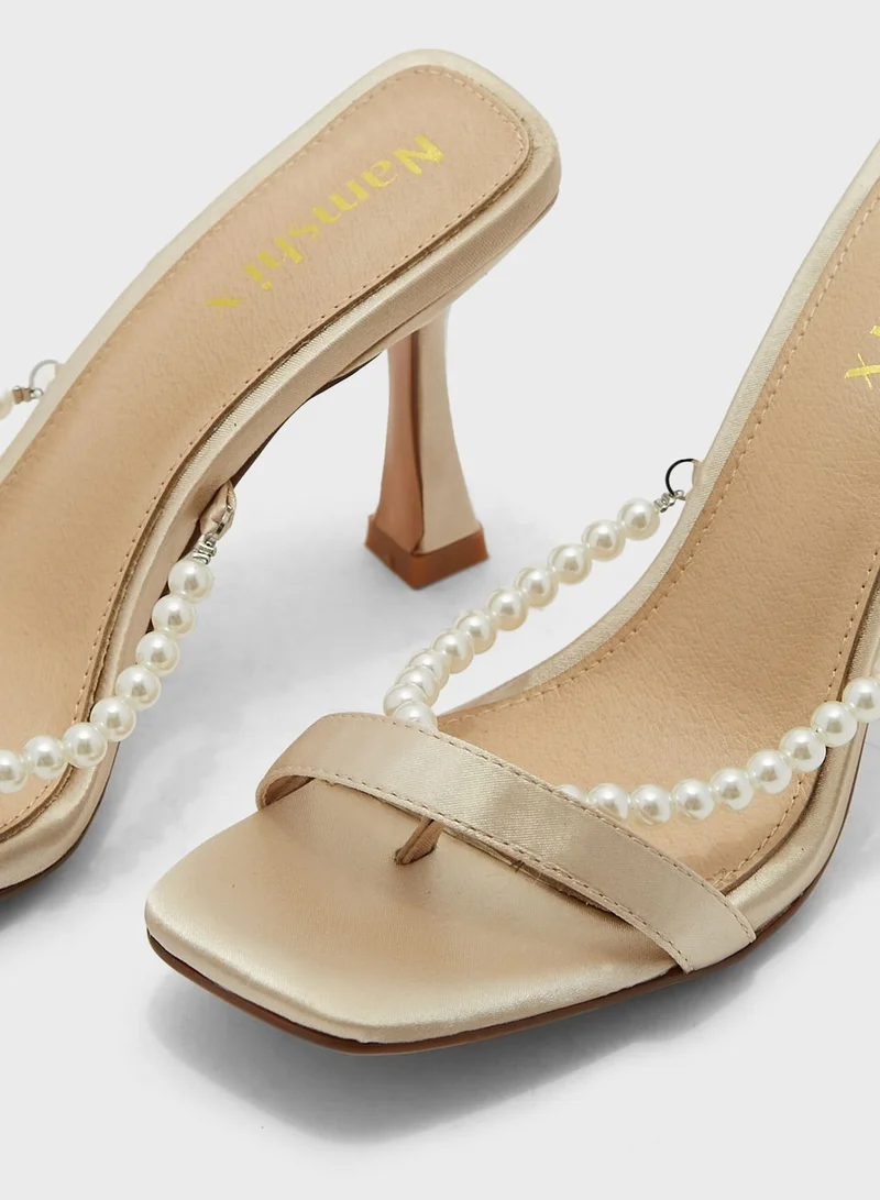 Namshi x Pearl Detail Satin Mule Sandal