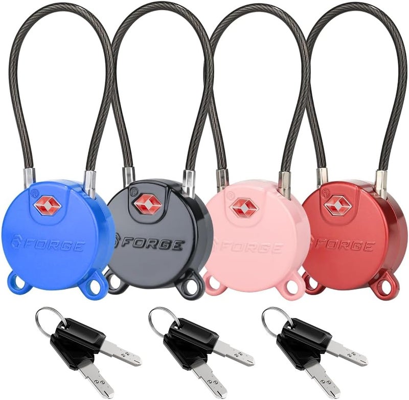Forge TSA Approved Luggage Locks Ultra-Secure Dimple Key Travel Cable Locks with Zinc Alloy Body- 4 Locks, Black, Blue, red, Green. - Image 1