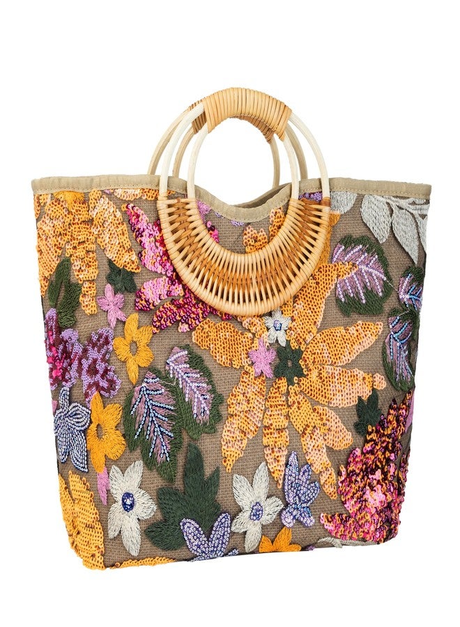 Abvokury Rattan Wood Handle Sequin Embroidered Floral Beach Bag Tote for Vacation and Wedding Party (Yellow) - Image 2