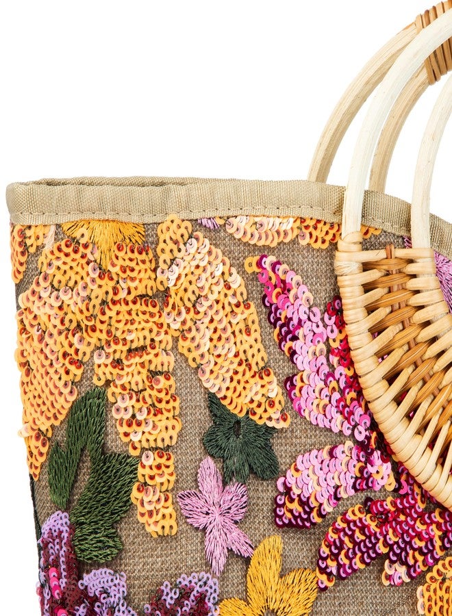 Abvokury Rattan Wood Handle Sequin Embroidered Floral Beach Bag Tote for Vacation and Wedding Party (Yellow) - Image 3