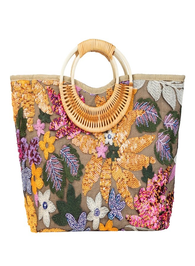 Abvokury Rattan Wood Handle Sequin Embroidered Floral Beach Bag Tote for Vacation and Wedding Party (Yellow) - Image 1