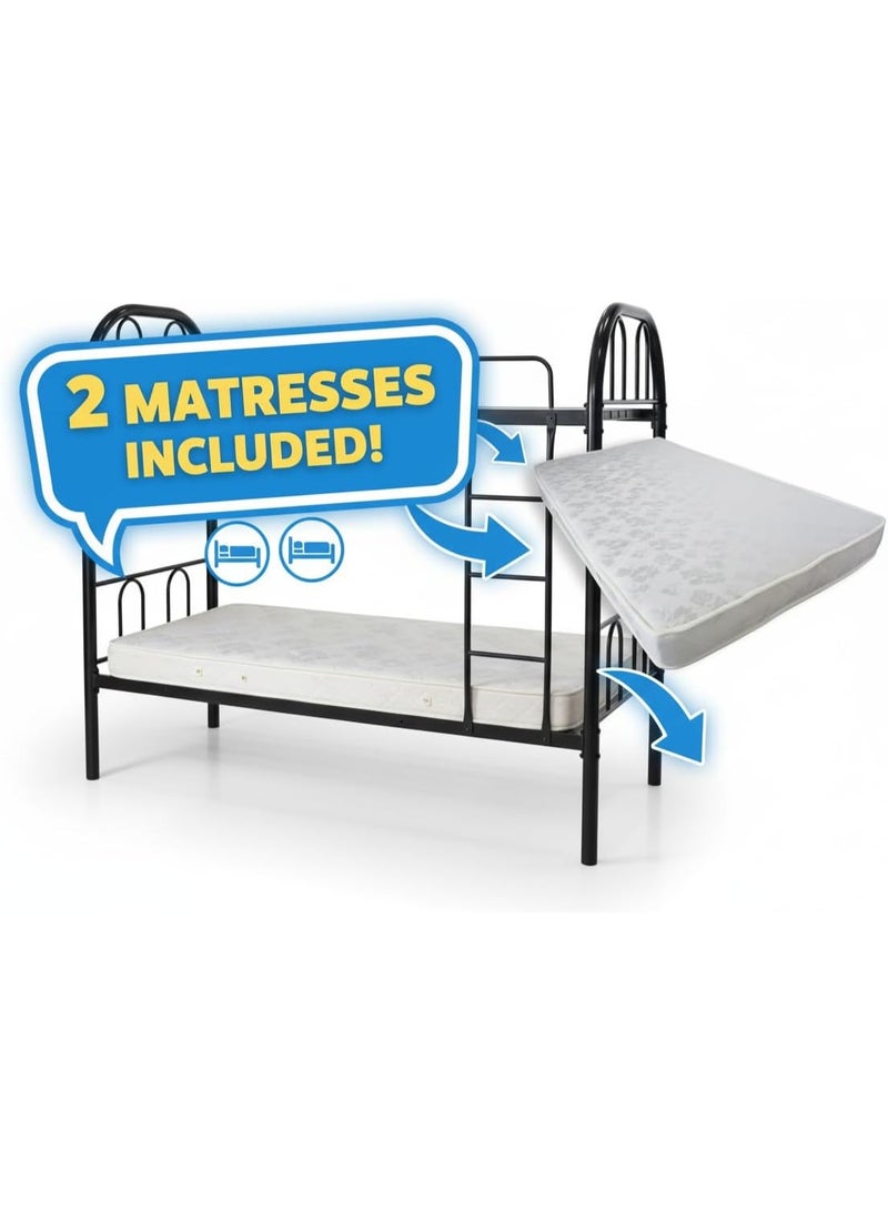 Pioneer Heavy Duty Metal Bunk Bed Twin Over Twin with 2 Mattresses – Steel Frame with Guardrails & Ladder – Black - Image 4