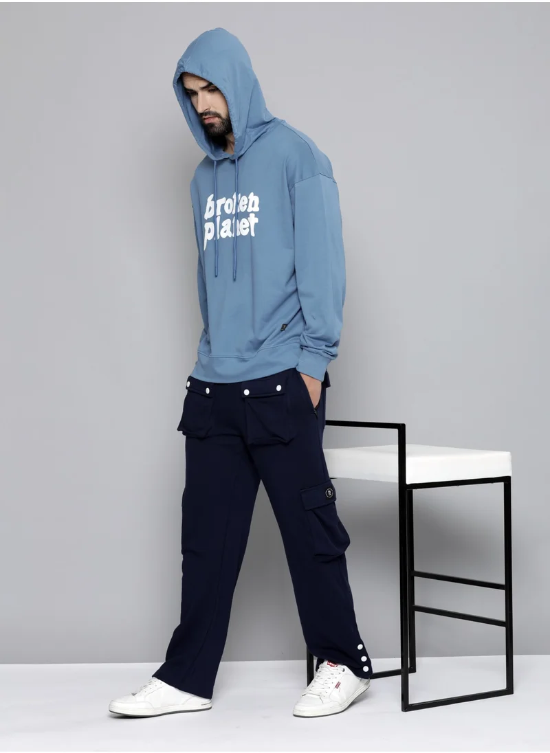 مانياك Maniac Mens Hooded Fullsleeve Printed Denim Blue Cotton Fleece Sweatshirt