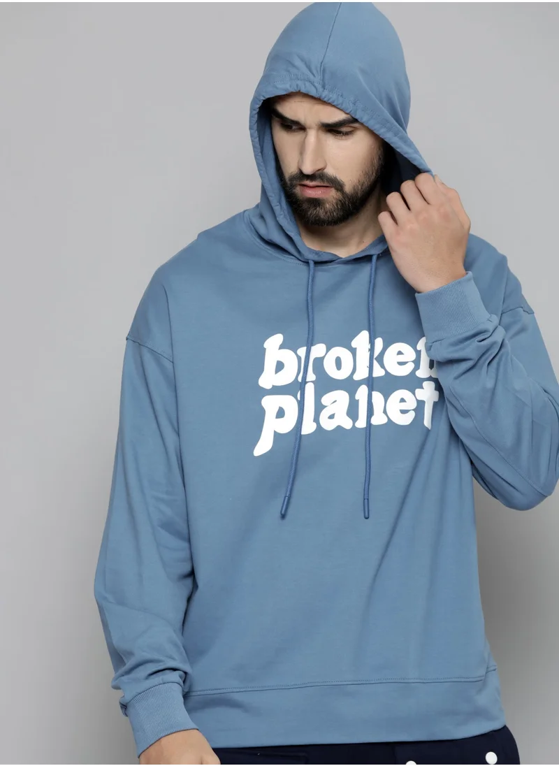 مانياك Maniac Mens Hooded Fullsleeve Printed Denim Blue Cotton Fleece Sweatshirt