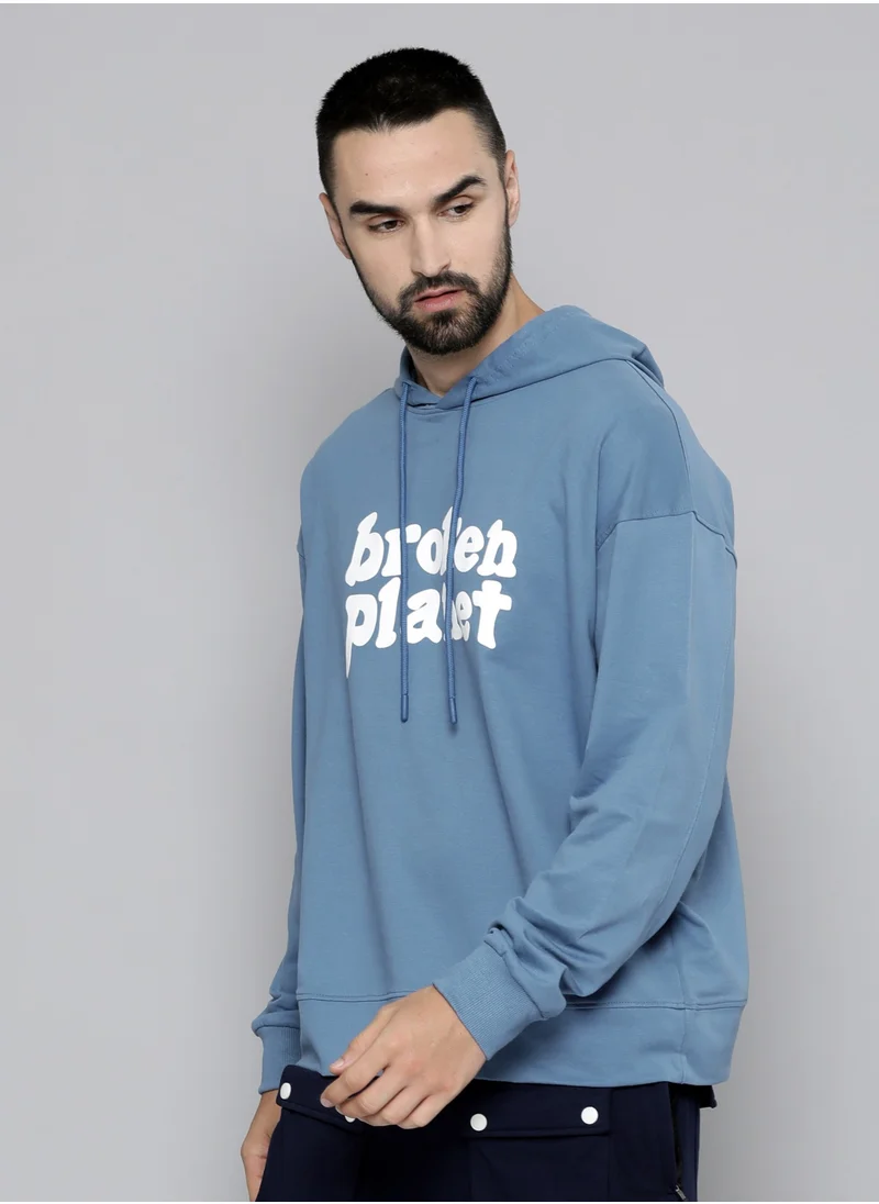 مانياك Maniac Mens Hooded Fullsleeve Printed Denim Blue Cotton Fleece Sweatshirt