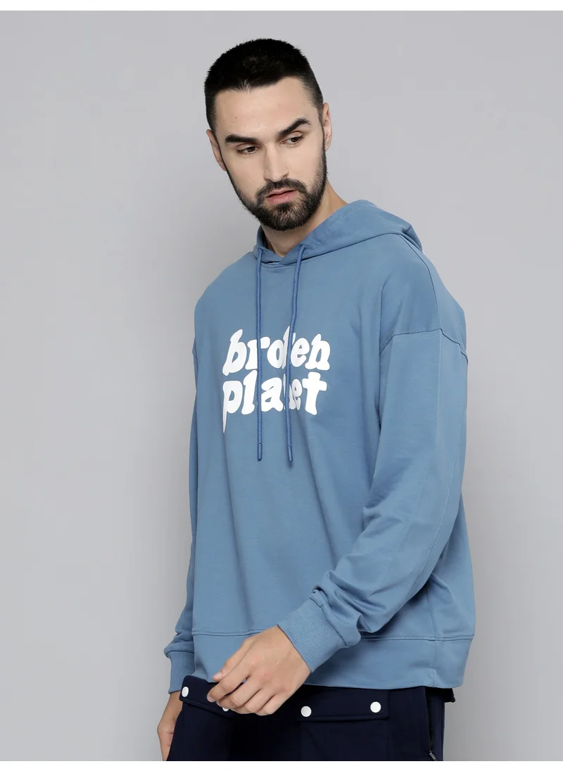 مانياك Maniac Mens Hooded Fullsleeve Printed Denim Blue Cotton Fleece Sweatshirt