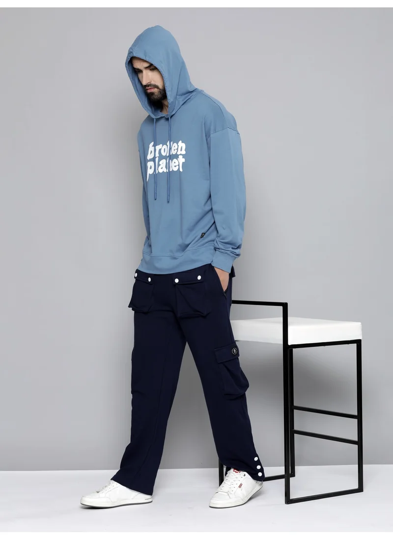 مانياك Maniac Mens Hooded Fullsleeve Printed Denim Blue Cotton Fleece Sweatshirt