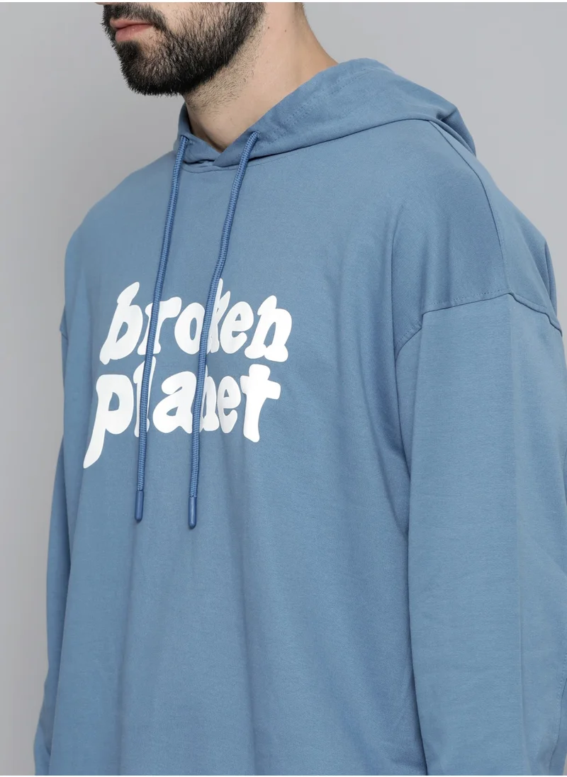 مانياك Maniac Mens Hooded Fullsleeve Printed Denim Blue Cotton Fleece Sweatshirt