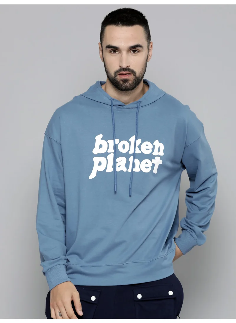 مانياك Maniac Mens Hooded Fullsleeve Printed Denim Blue Cotton Fleece Sweatshirt