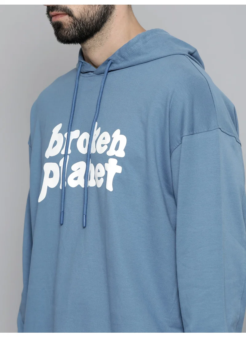 مانياك Maniac Mens Hooded Fullsleeve Printed Denim Blue Cotton Fleece Sweatshirt