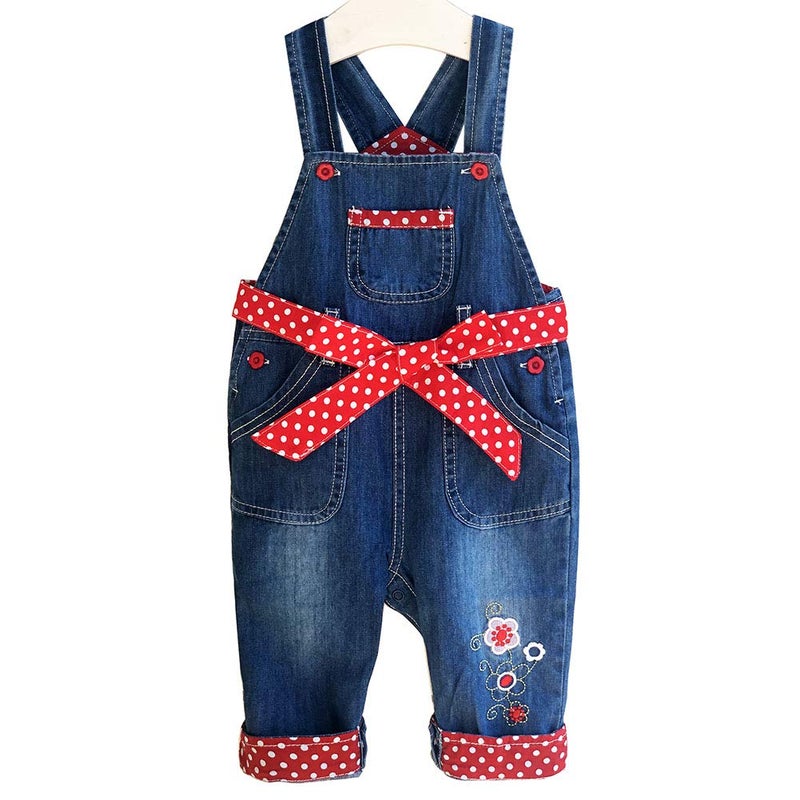 Peacolate 3months-3Years Baby Girls Denim Overalls Embroidery Bib Pants Jeans Jumpsuit(6-9Month,Red) - Image 1