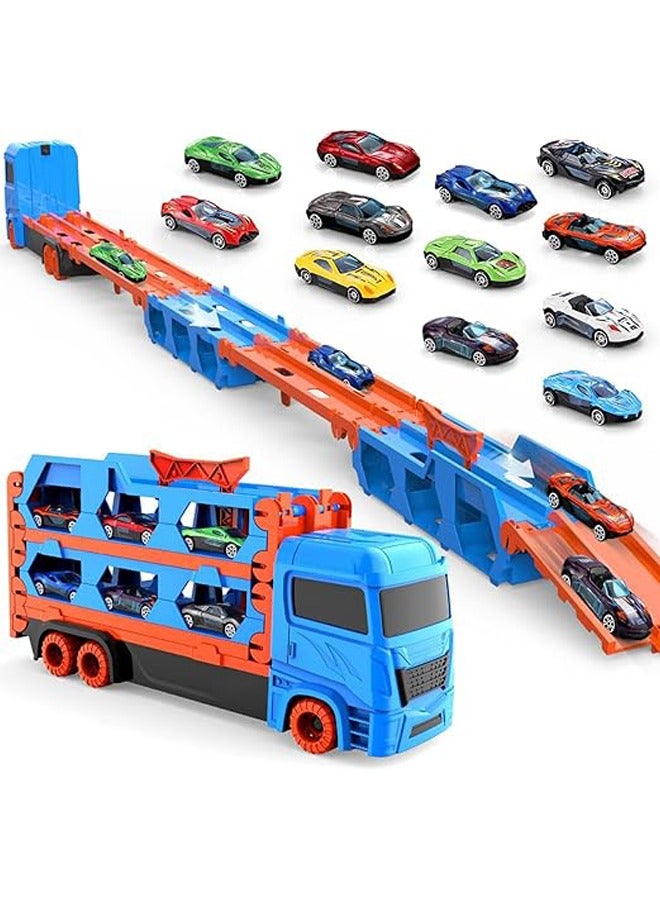 Kids Race Track Toys, Foldable Ejection Race Tracks Transport Car Carrier Toy w/ 12 Mini Alloy Cars Vehicles Toy Set, Portable Car Truck Toy for 3+ Kids Boys Girls - Image 1