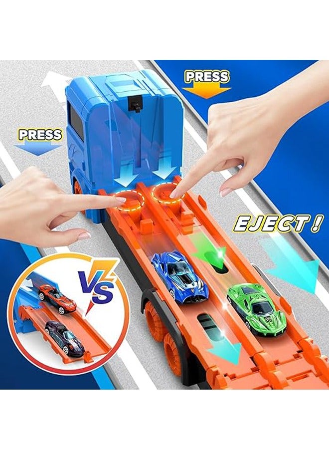 Kids Race Track Toys, Foldable Ejection Race Tracks Transport Car Carrier Toy w/ 12 Mini Alloy Cars Vehicles Toy Set, Portable Car Truck Toy for 3+ Kids Boys Girls - Image 2