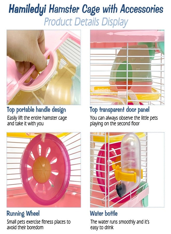 هامليدي قفص هامستر محمول من هاميليدي، طبقتان، مسكن للهامستر القزم، قفص للحيوانات الصغيرة مع عجلة تمرين وزجاجة ماء، قفص للهامستر والفئران والجرذان أو غيرها من الحيوانات الأليفة الصغيرة (وردي) - Image 2