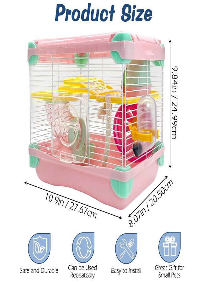 هامليدي قفص هامستر محمول من هاميليدي، طبقتان، مسكن للهامستر القزم، قفص للحيوانات الصغيرة مع عجلة تمرين وزجاجة ماء، قفص للهامستر والفئران والجرذان أو غيرها من الحيوانات الأليفة الصغيرة (وردي) - Image 3