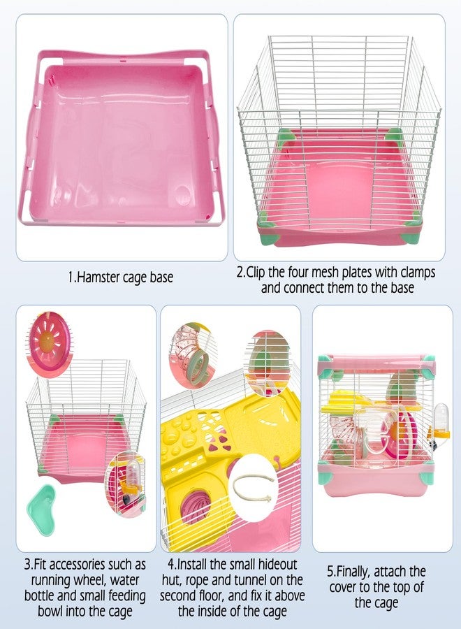 هامليدي قفص هامستر محمول من هاميليدي، طبقتان، مسكن للهامستر القزم، قفص للحيوانات الصغيرة مع عجلة تمرين وزجاجة ماء، قفص للهامستر والفئران والجرذان أو غيرها من الحيوانات الأليفة الصغيرة (وردي) - Image 5