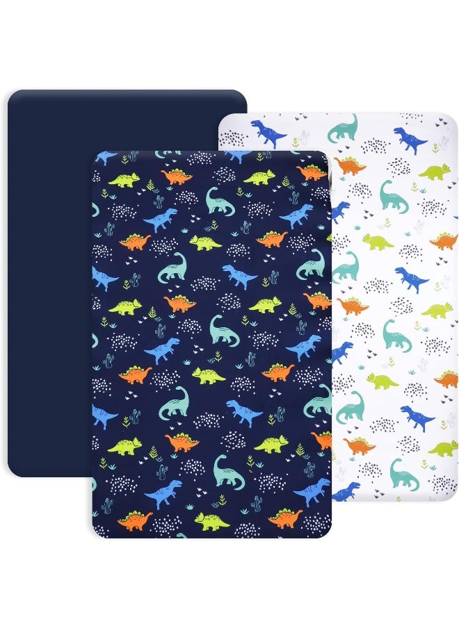 PHF PHF 3 Pack Soft Mini Crib Sheets, Dinosaur Pack N Play Sheets for Baby Boys Girls, No Slip Universal Fit for Pack N Play, Playard, Portable and Mini Crib Mattresses  - Image 1