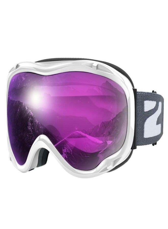 ZIONOR Lagopus Ski Snowboard Goggles UV Protection Anti fog Snow Goggles for Men Women Adult Youth VLT 16% White Frame Purple Lens - Image 1