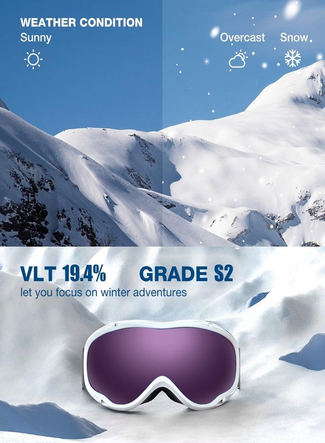 ZIONOR Lagopus Ski Snowboard Goggles UV Protection Anti fog Snow Goggles for Men Women Adult Youth VLT 16% White Frame Purple Lens - Image 2