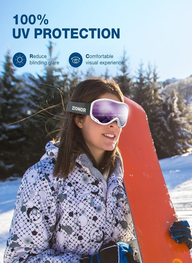 ZIONOR Lagopus Ski Snowboard Goggles UV Protection Anti fog Snow Goggles for Men Women Adult Youth VLT 16% White Frame Purple Lens - Image 4