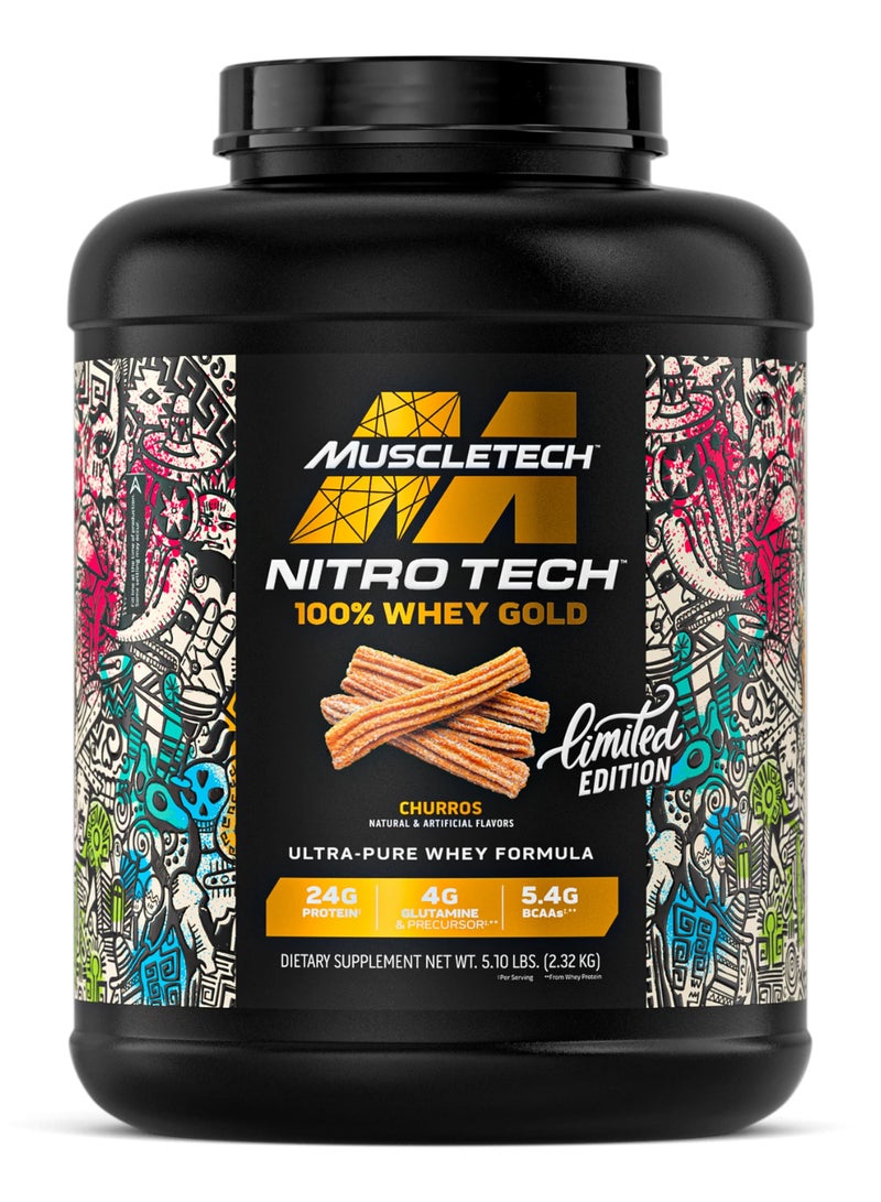 MuscleTech Nitro Tech 100% Whey Gold Ultra-Pure Whey Formula Limited Edition - 24g Protein - 4g Glutamine & Precursor - 5.4g BCAAs - Churros Flavor - Dietary Supplement - Net Wt 5.10 lbs (2.32kg) - Image 1