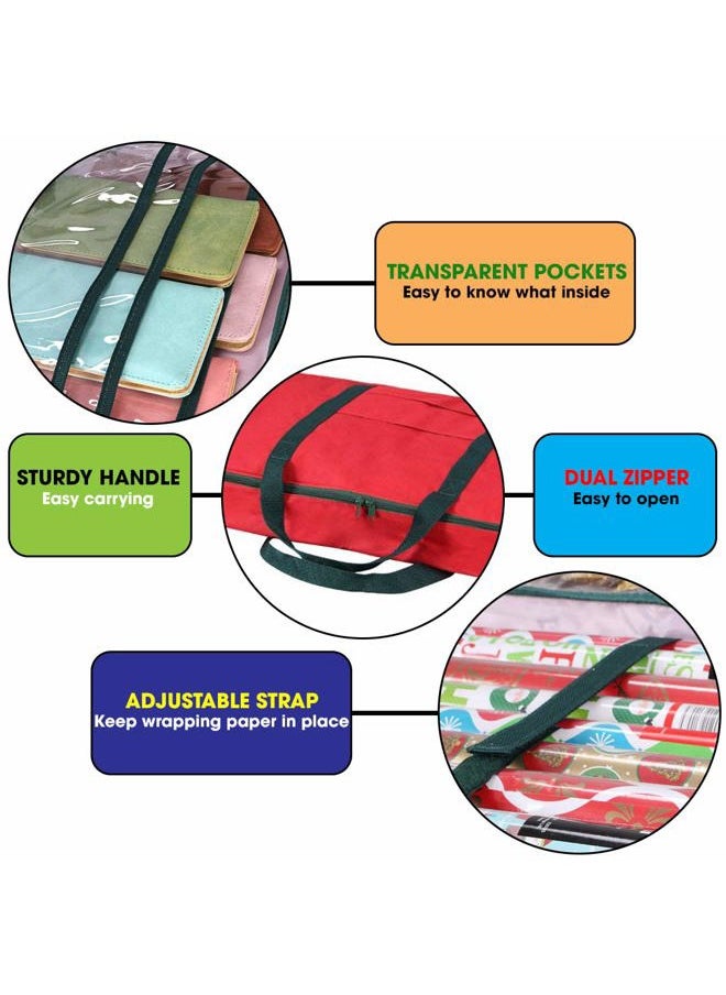 Primode Christmas Wrapping Paper Storage Bag with Pockets | Gift Wrap Organizer Container | 37” x 14” x 4” | Underbed Durable Box Made of 600D Oxford Material (Red)  - Image 2