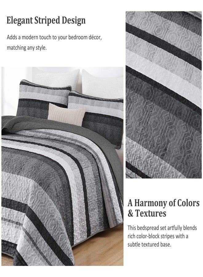 Dobuyly Grey Queen Quilt Set, Boho Bedspread Queen Size, Striped Bedding Sets 3 Pieces, Lightweight Soft Gray Black Coverlet Bed Sets with 2 Pillow Shams 96"x90" - Image 5