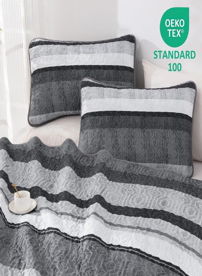 Dobuyly Grey Queen Quilt Set, Boho Bedspread Queen Size, Striped Bedding Sets 3 Pieces, Lightweight Soft Gray Black Coverlet Bed Sets with 2 Pillow Shams 96"x90" - Image 3
