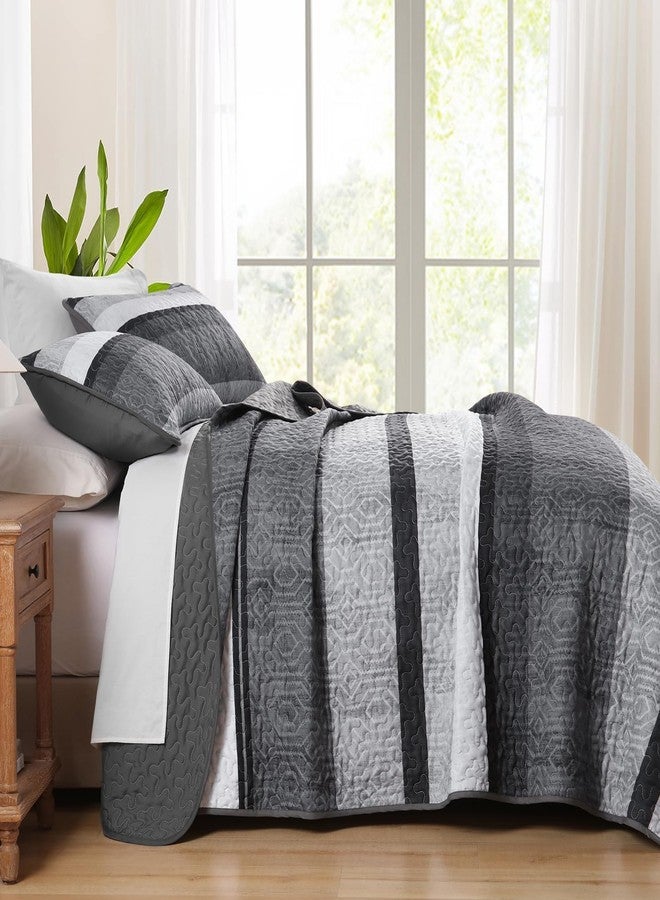 Dobuyly Grey Queen Quilt Set, Boho Bedspread Queen Size, Striped Bedding Sets 3 Pieces, Lightweight Soft Gray Black Coverlet Bed Sets with 2 Pillow Shams 96"x90" - Image 4