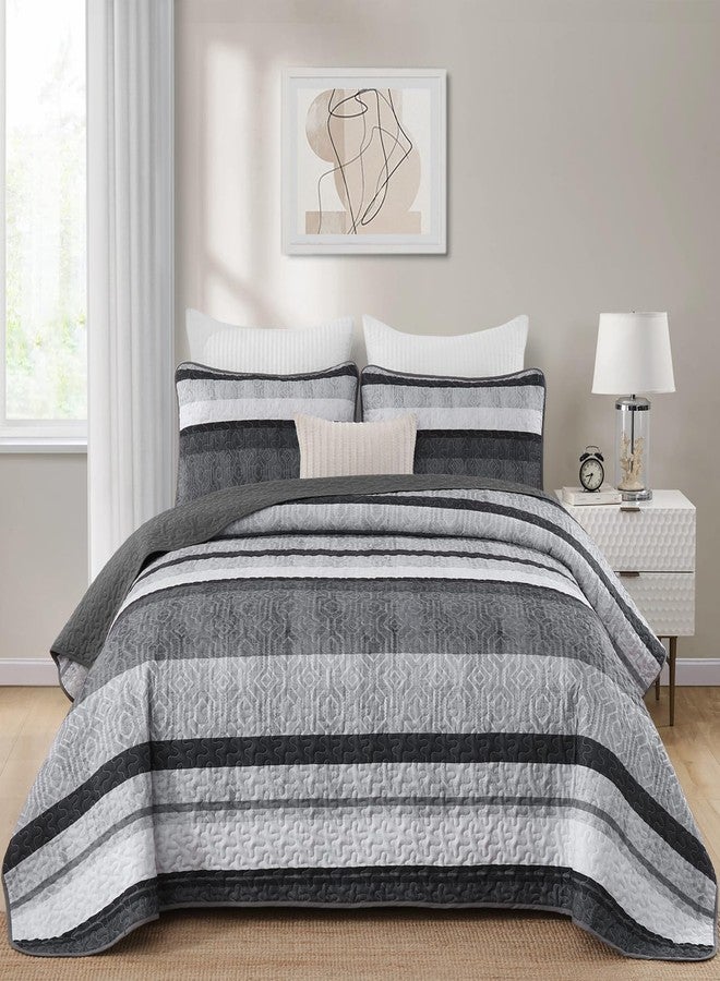 Dobuyly Grey Queen Quilt Set, Boho Bedspread Queen Size, Striped Bedding Sets 3 Pieces, Lightweight Soft Gray Black Coverlet Bed Sets with 2 Pillow Shams 96"x90" - Image 2