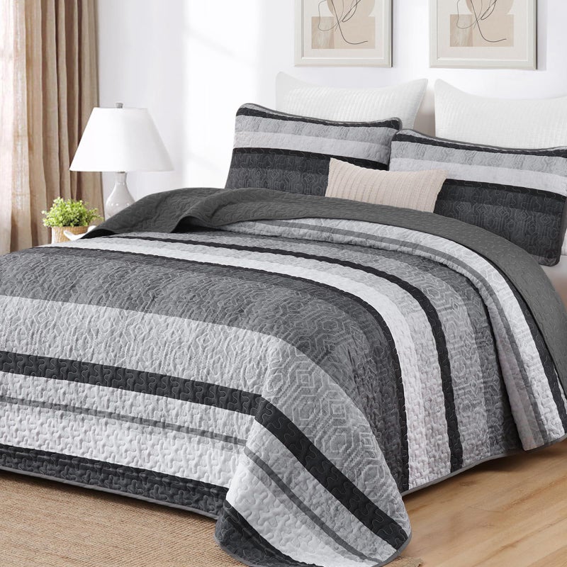 Dobuyly Grey Queen Quilt Set, Boho Bedspread Queen Size, Striped Bedding Sets 3 Pieces, Lightweight Soft Gray Black Coverlet Bed Sets with 2 Pillow Shams 96"x90" - Image 1