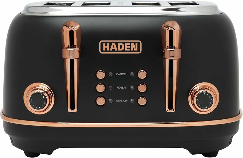 Haden Heritage Black 4 Slice Toaster - Adjustable Browning Control, Reheat and Defrost Functions - Stainless Steel With Self-centring Function - 1370-1630W - Image 1