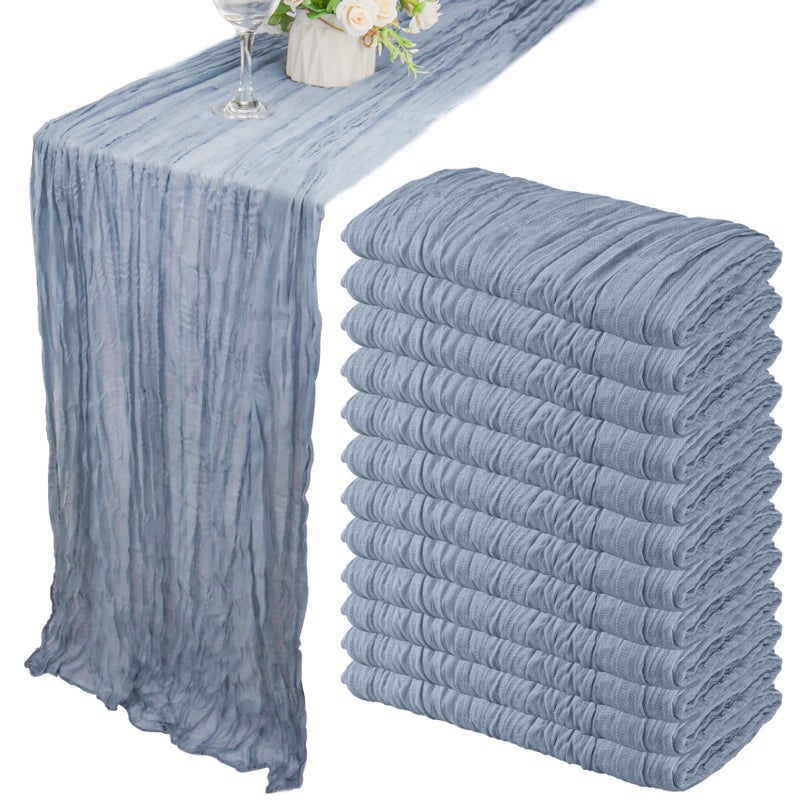 Fivenl 12 Pack Boho Gauze Table Runner 35x72 Inch - Rustic Cheese Cloth Long Table Runner for Wedding, Bridal Shower, Birthday Party Decor (Dusty Blue) - Image 1