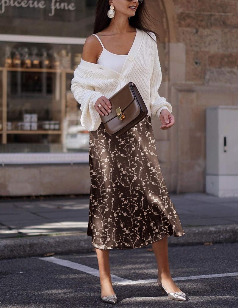 Zeagoo Satin Midi Skirts for Women Fall Winter Skirts Floral Skirts for Women Trendy XL - Image 3