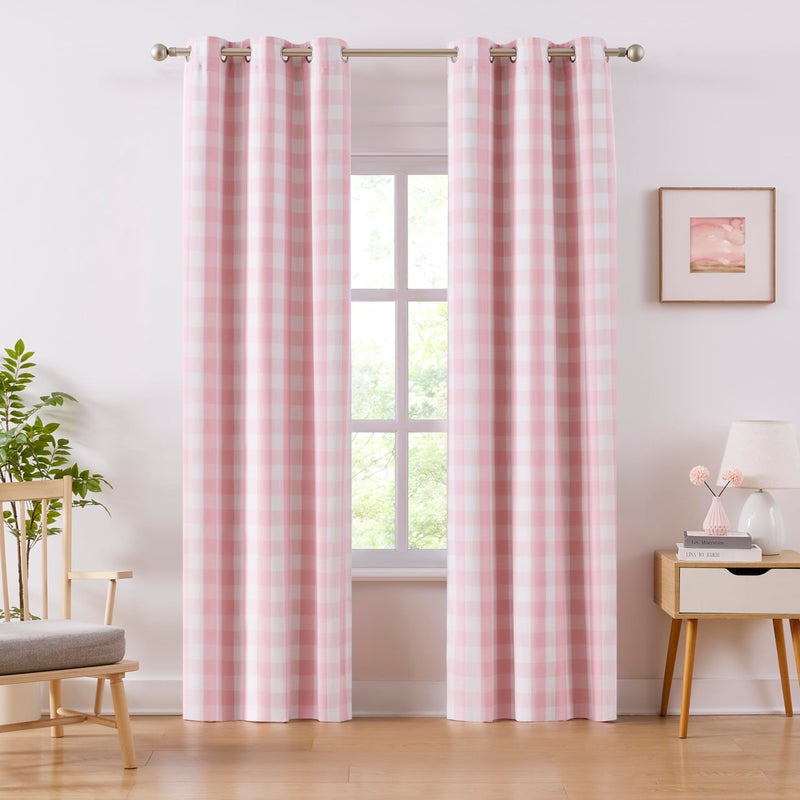 Amzdecor Pink White Buffalo Plaid Full Blackout Curtains 84 Inch for Girls Room Bedroom Nursery Living Room Farmhouse Check Drapes Thermal Insulated Soundproof Grommet Window Treatment,2Panels,40"x84" - Image 1