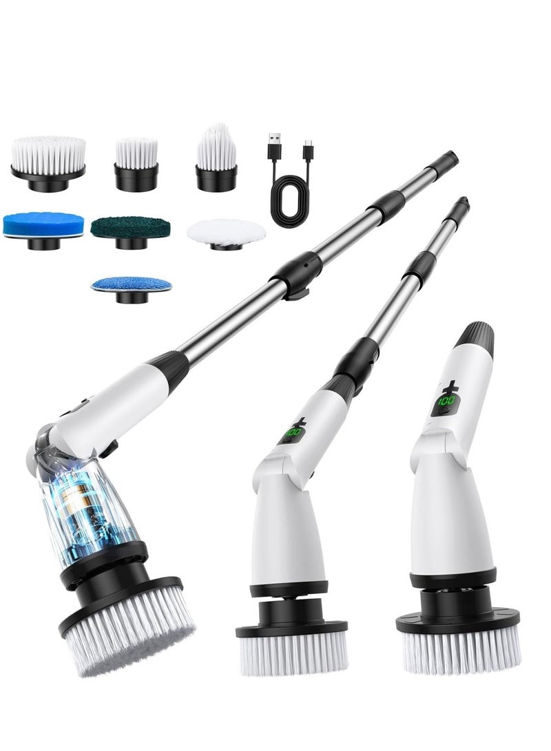 Electric Spin Scrubber with 7 Replaceable Brush Heads 3 Adjustable Angle Waterproof LED Display Cordless Cleaning Brush Supplies Bathroom Cleaner Set Long Handle Power Scrubber for Shower Floor Tub - Image 1