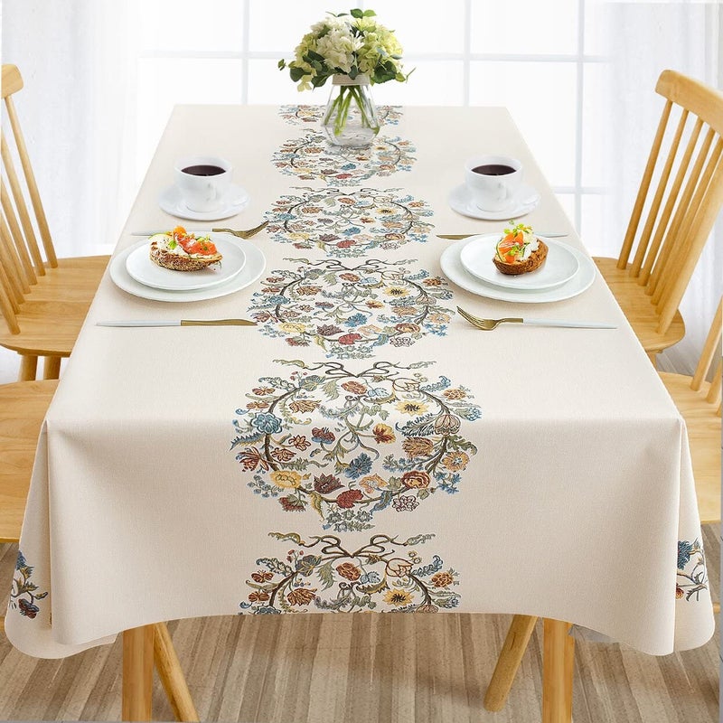 AIRCOWRIE Waterproof Vinyl Tablecloths Heavy Duty Oil Proof Spill Proof Plastic Table Cloth Wipe Clean PVC Table Cover for Spring Indoor and Outdoor Use Embroidery Flower 54x140