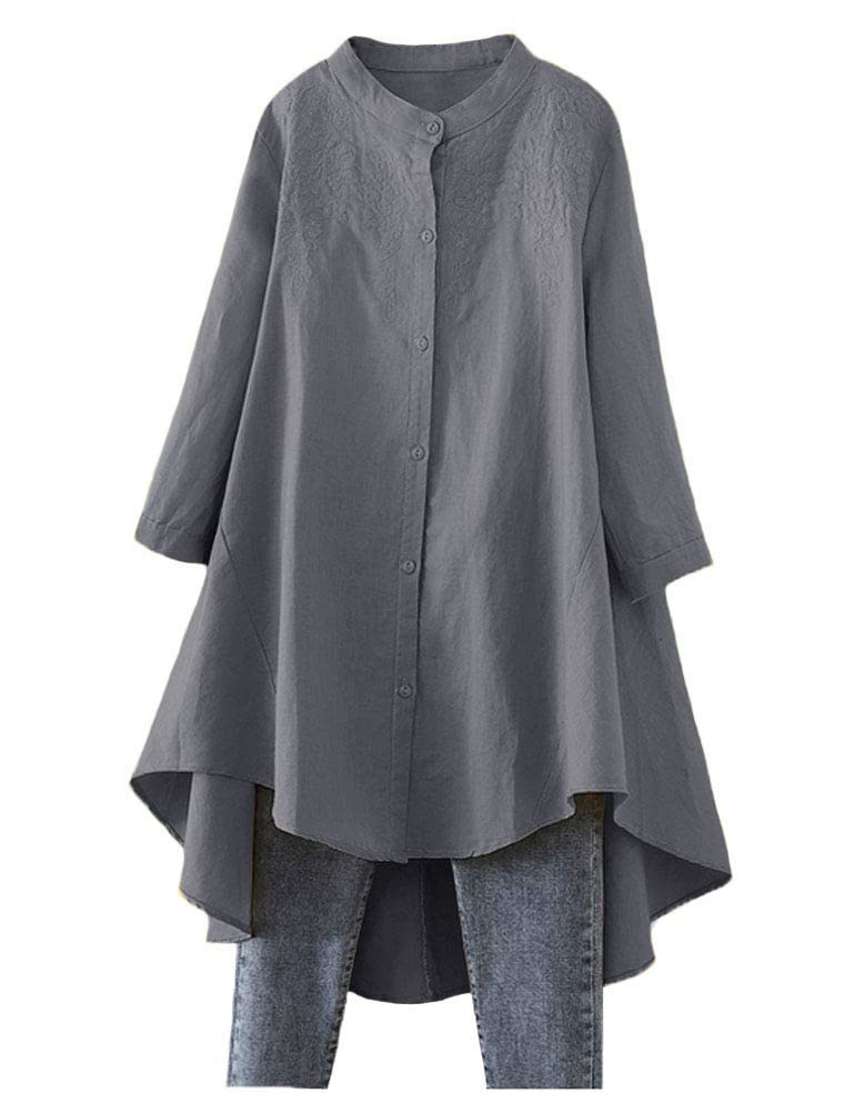 Minibee Women's Cotton Linen Shirt High Low Button Down Embroidered Blouse Long Sleeve Tunic Tops - Image 2