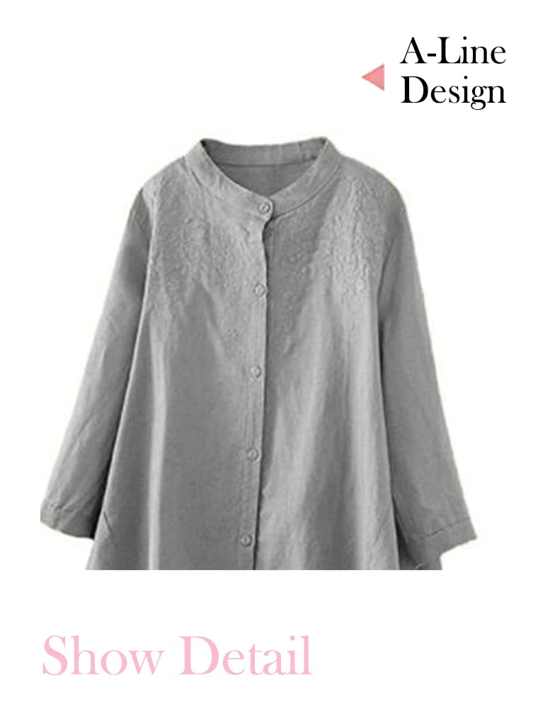 Minibee Women's Cotton Linen Shirt High Low Button Down Embroidered Blouse Long Sleeve Tunic Tops - Image 4