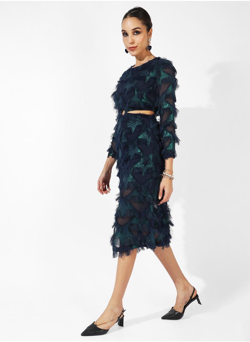 Campus Sutra - Women's Green & Blue Cutout Fringe Dress - Image 1