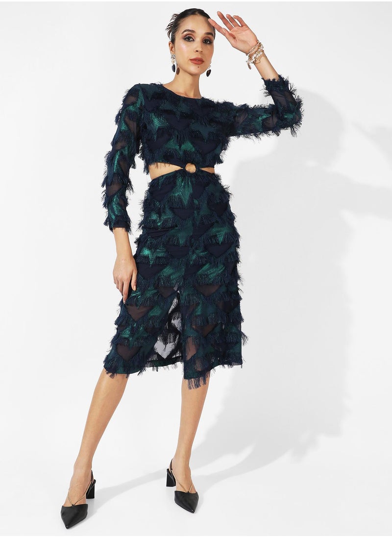 Campus Sutra - Women's Green & Blue Cutout Fringe Dress - Image 1